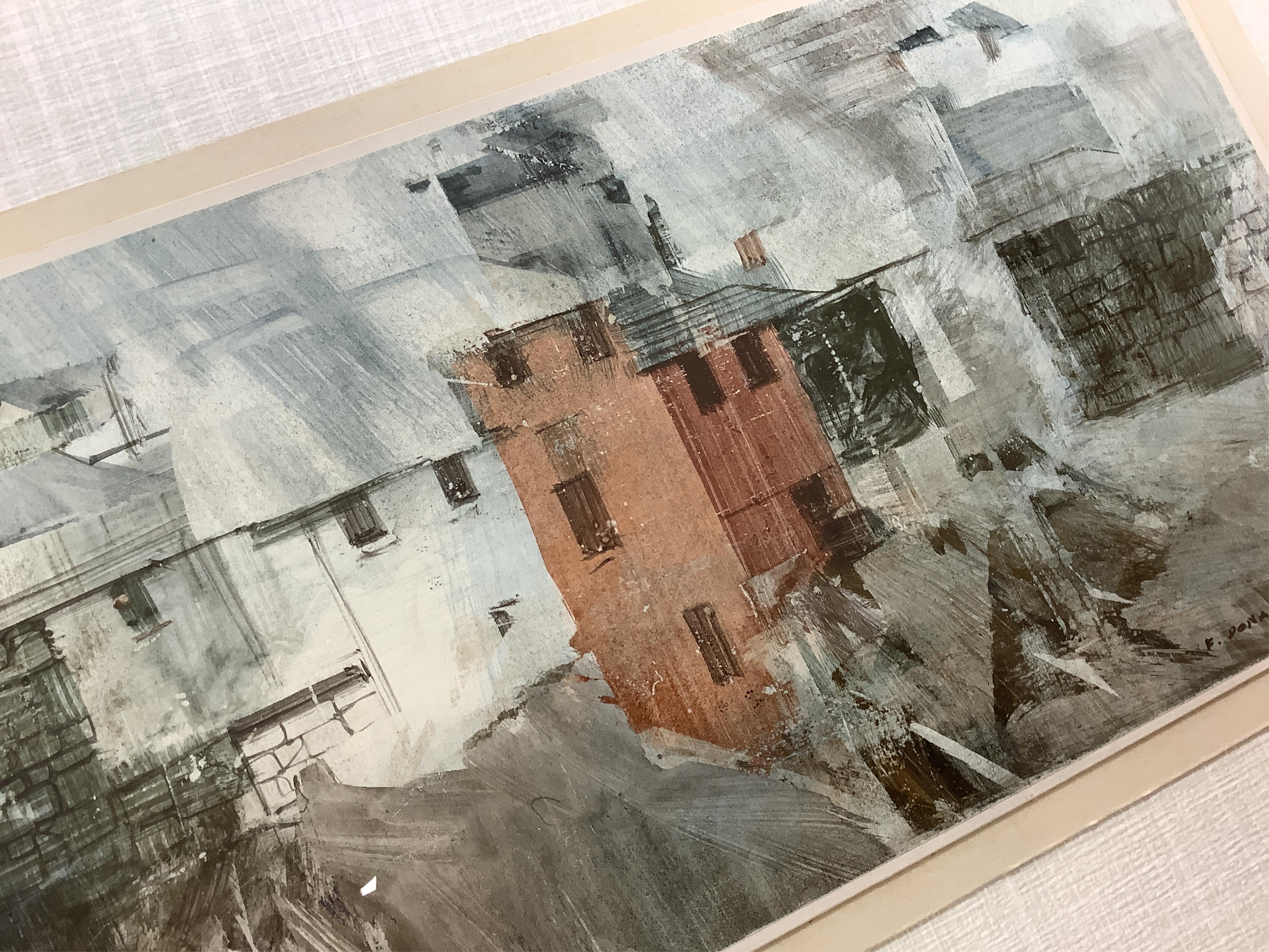 Frederick Donald Blake RI, RSMA (Scottish, 1908-1997), Study of buildings, signed, The Furneaux Gallery label verso, mixed media, 17 x 46cm